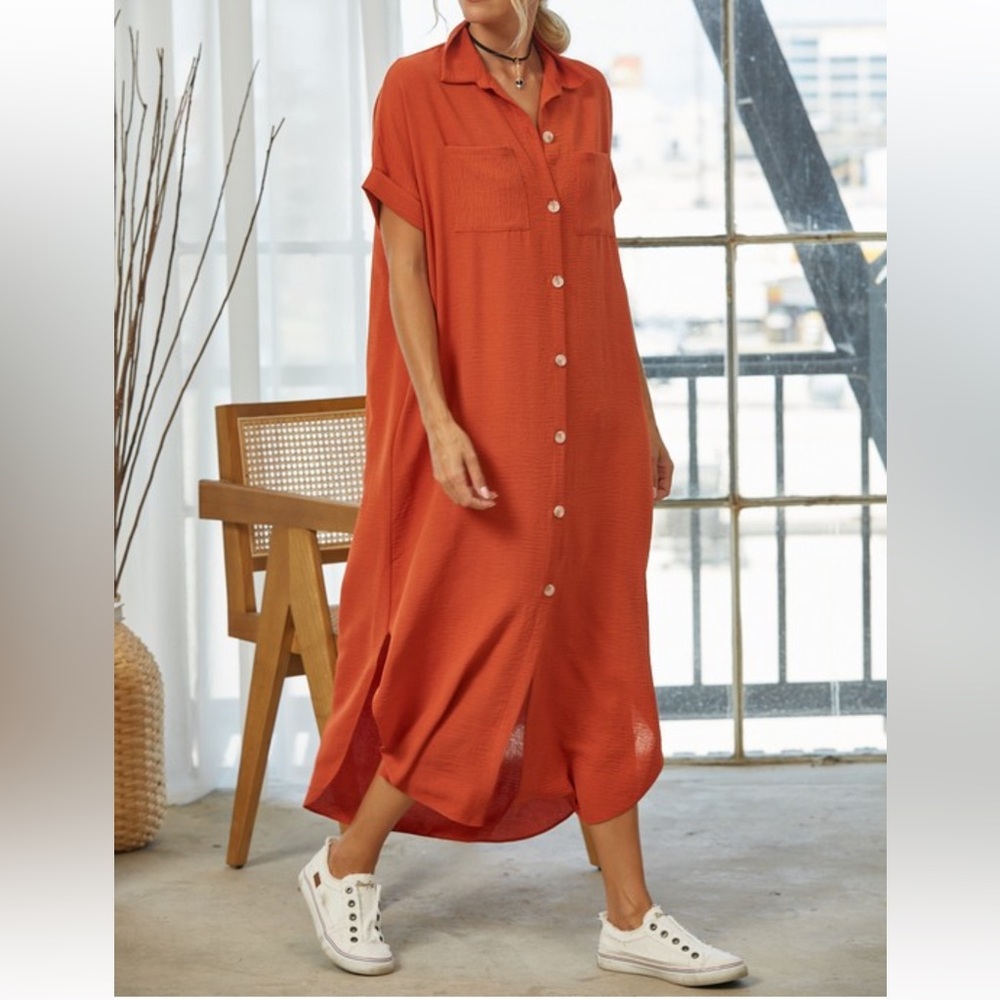 Casual Button-Down Orange Maxi Dress